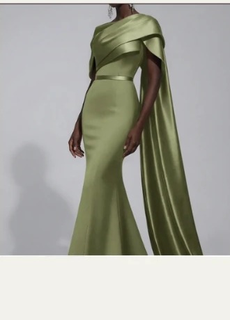 Sage satin gown with a draped cape