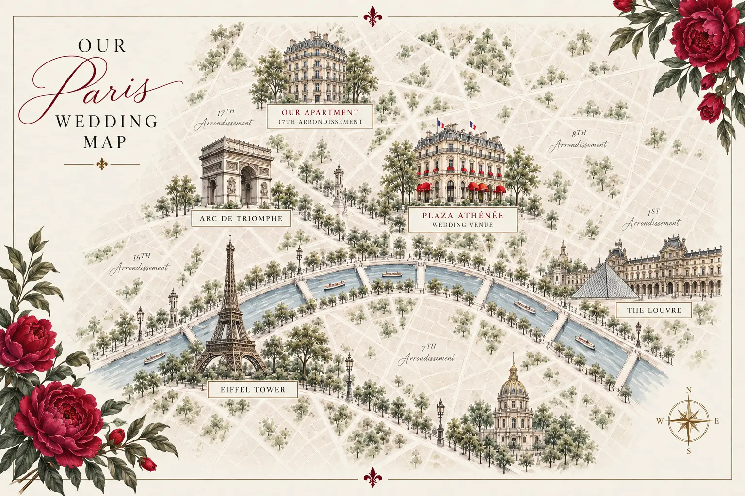 Illustrated Paris wedding map showing Plaza Athénée, Eiffel Tower, Arc de Triomphe, The Louvre, and surrounding arrondissements with red rose accents